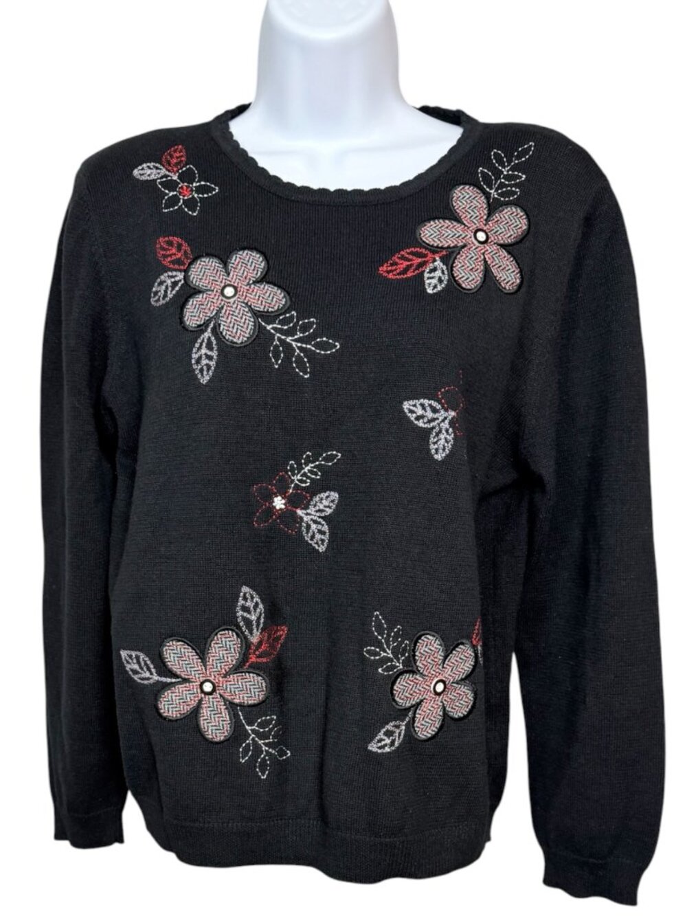 Alfred Dunner Petite Floral Embroidered Beaded Sweater Black PL Cottagecore